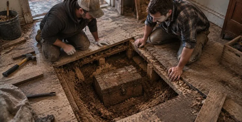 Geöffneter Holzboden während einer Sanierung